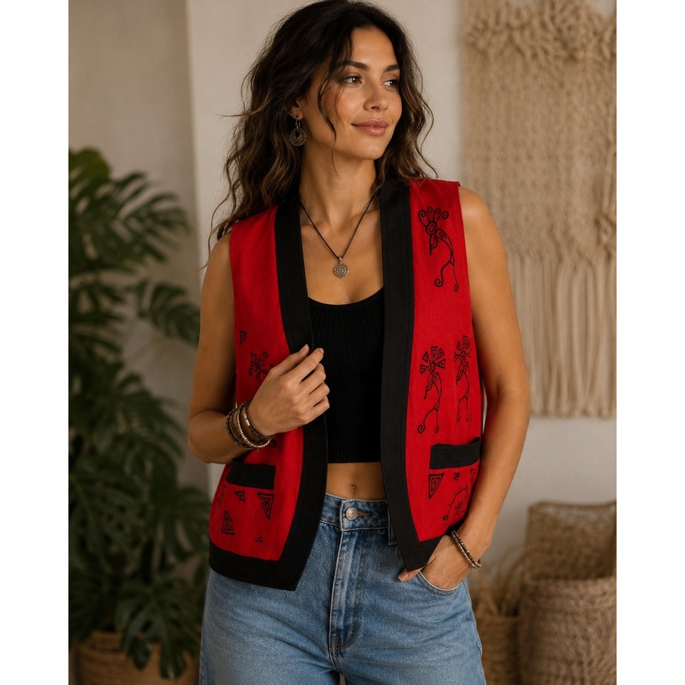 Venus Imports Red Cotton Southwest Kokopelli Petroglyph Embroidered Vest Large